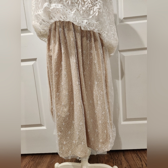 Ivy City Co Sicily White Champagne Floral Lace Midi High Neck Long Sleeve Dress - Picture 4 of 10